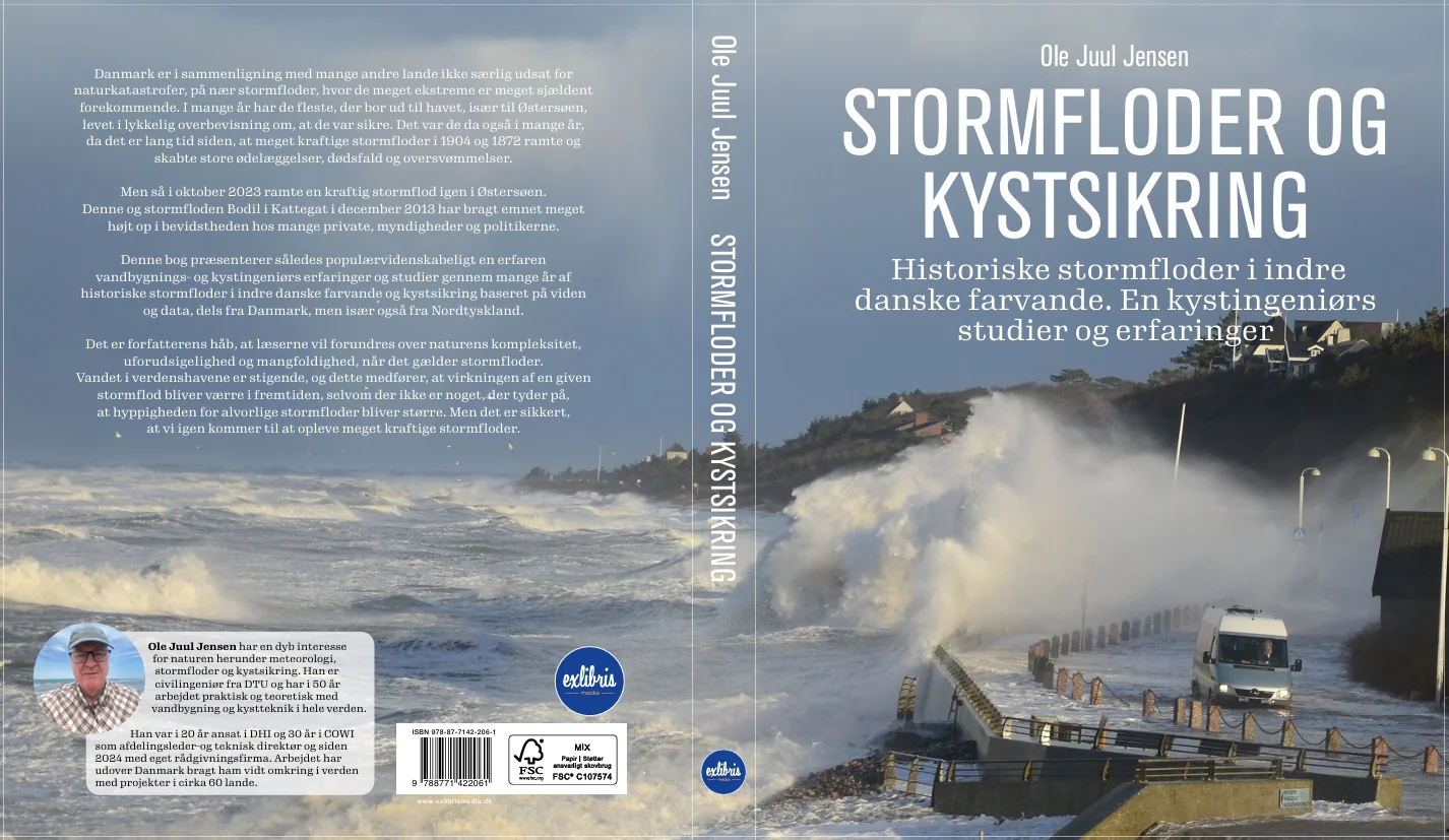 Forside og bagside af bogen Stormfloder og kystsikring – historiske stormfloder i indre danske farvande – af Ole Juul Jensen